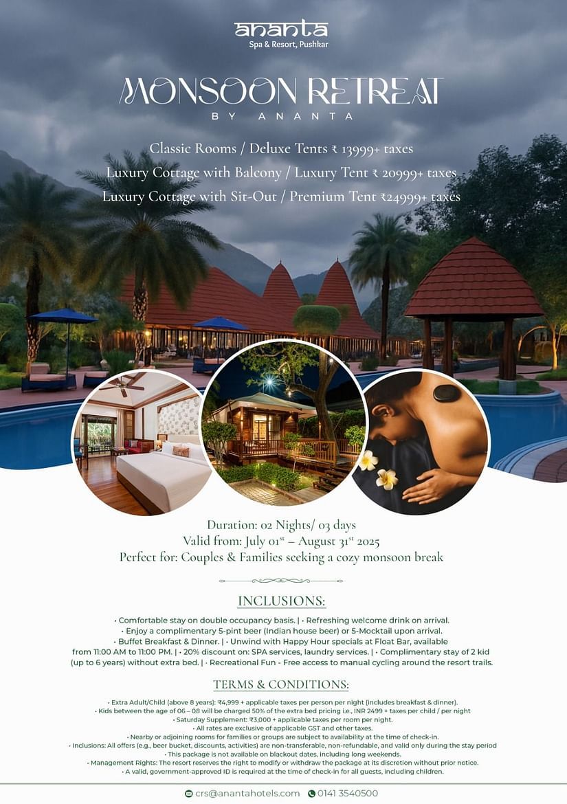 Promotional poster for the Monsoon Retreat at Ananta Spa & Resort, Rajsamand, featuring images of the property, a poolside view under cloudy skies, and circular insets showcasing the resort’s accommodations and spa experiences. Includes offer details, stay