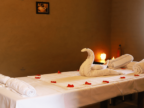 a massage table in Themis Medival Wellness at Themis Mudhouse - A Nature's Retreat Resort & Wellness