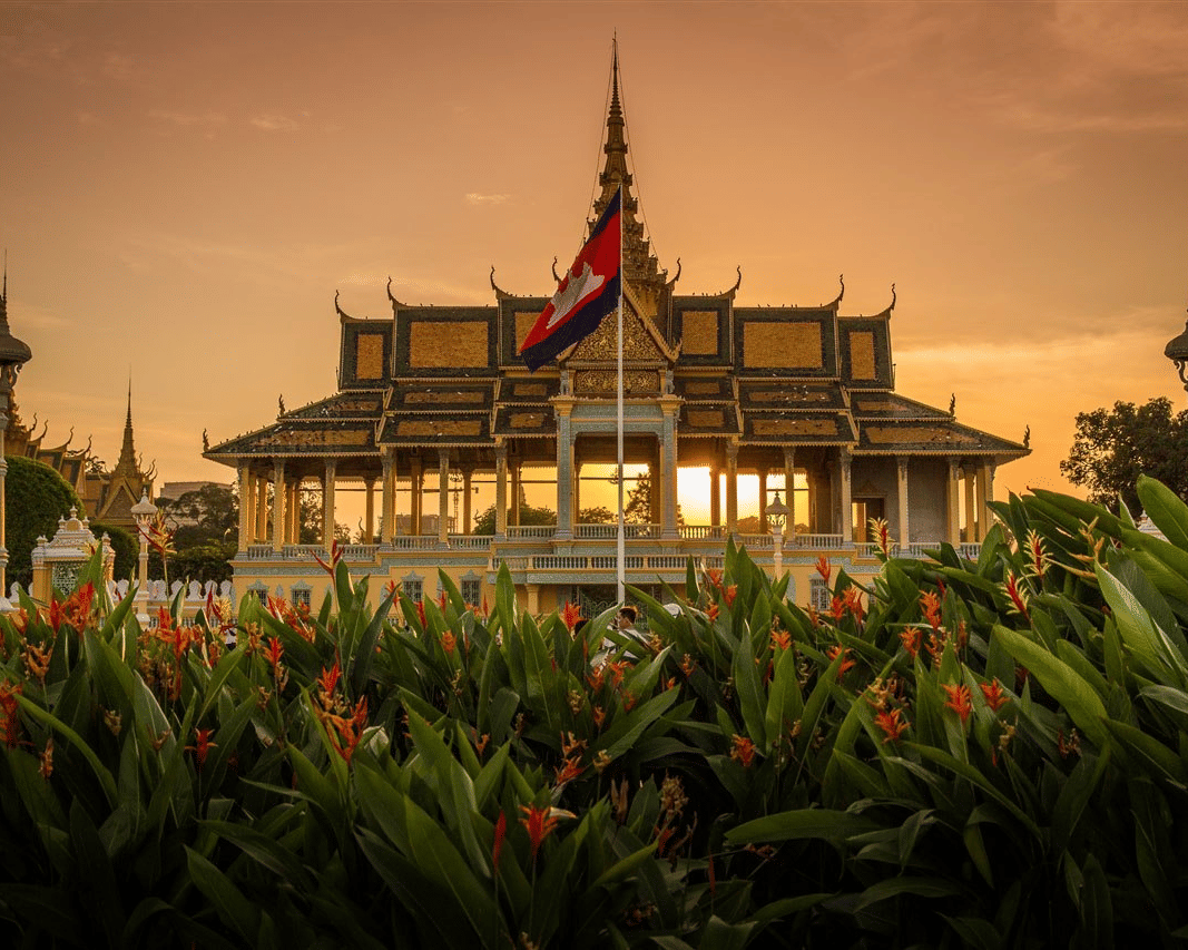 The Royal Palace of Cambodia at sunset, a stunning example of Khmer architecture located near Central Mansions.