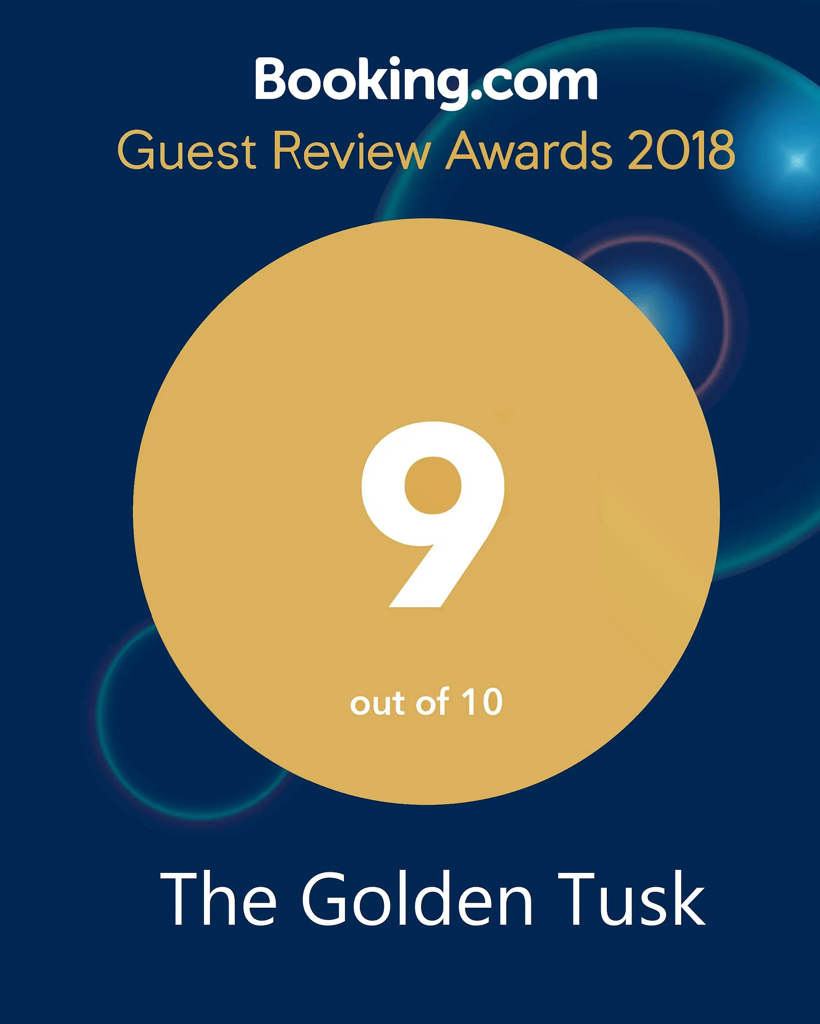 A creative by booking.com rating 9 to the Golden Tusk Resort for the Guest Review Awards 2017.