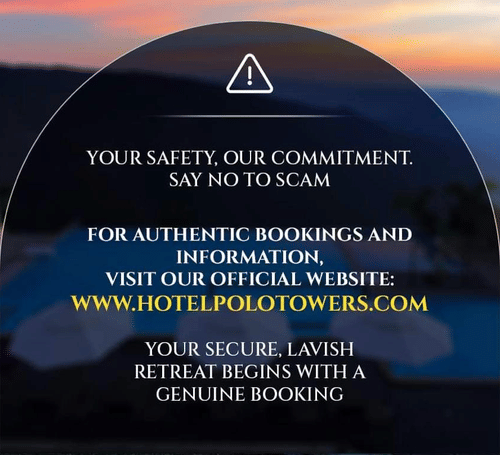 Scenic sunset backdrop with a warning about scams, urging users to visit the official Polo Cherrapunjee Resort website for bookings and information.