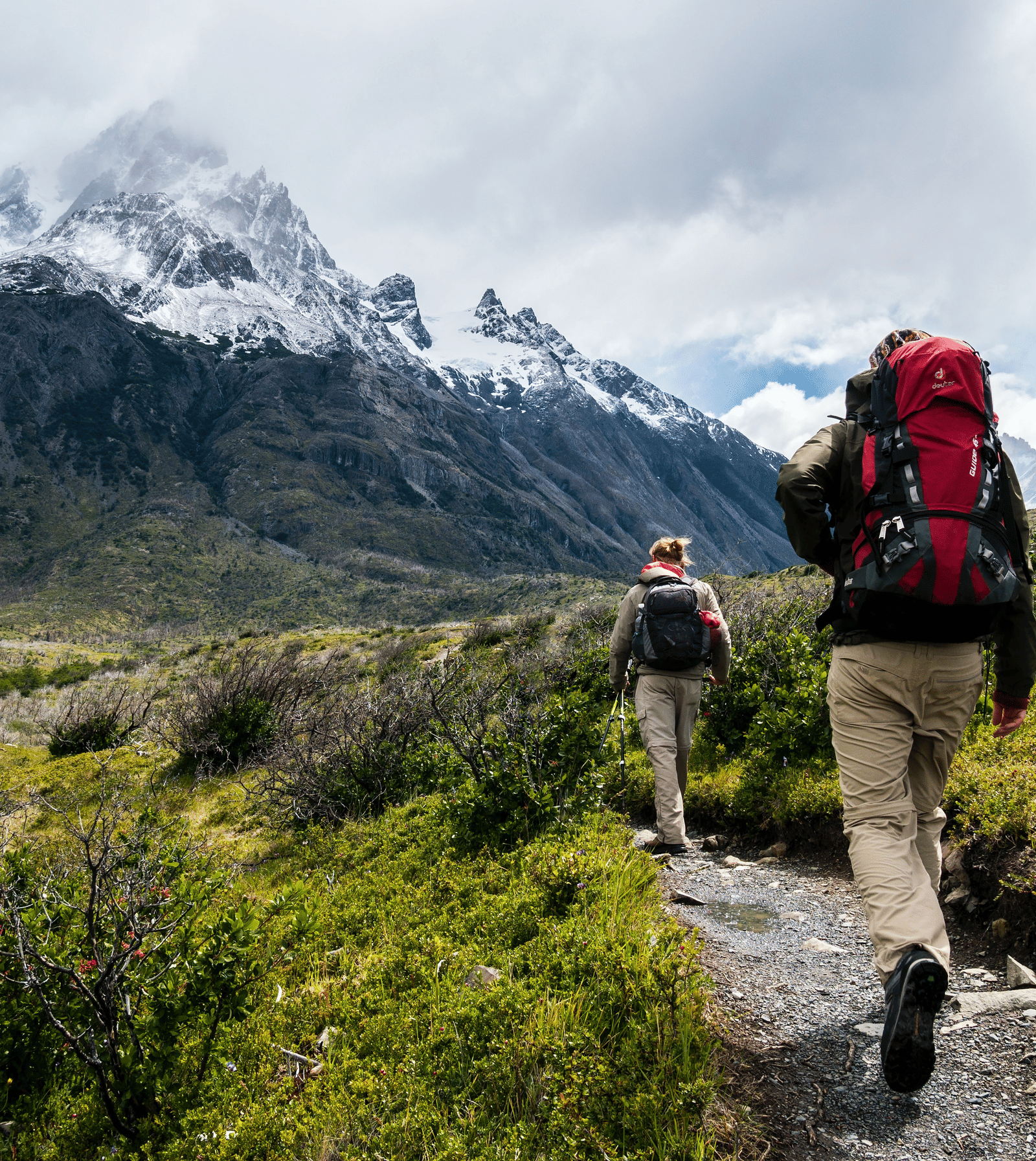 Two people walking on a trekking path with greenery around them and a snow-clad mountain in the background.