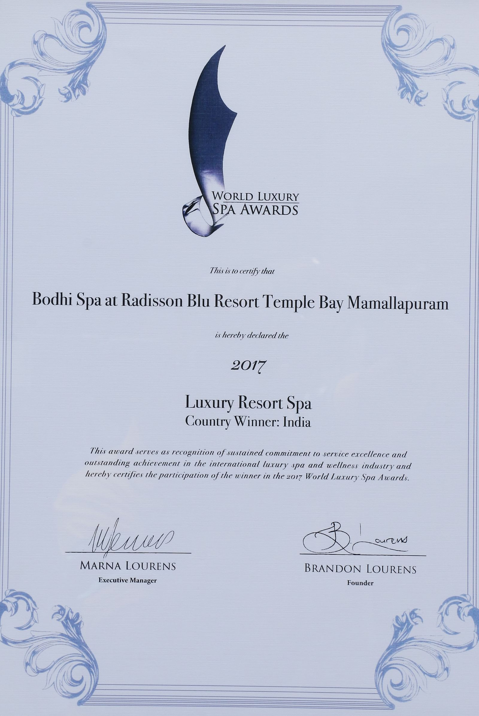 Certificate declaring Bodhi Spa at Radisson Blu Resort Temple Bay Mamallapuram as winner of Luxury resort spa as country winner 2017.