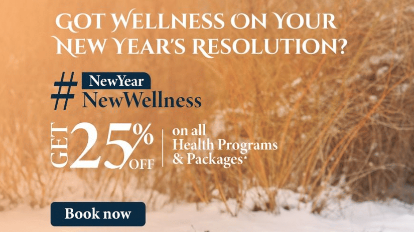 A woman meditates in a snowy landscape, with text promoting a New Year New Wellness offer at YO1 Longevity & Health Resorts, Catskills.