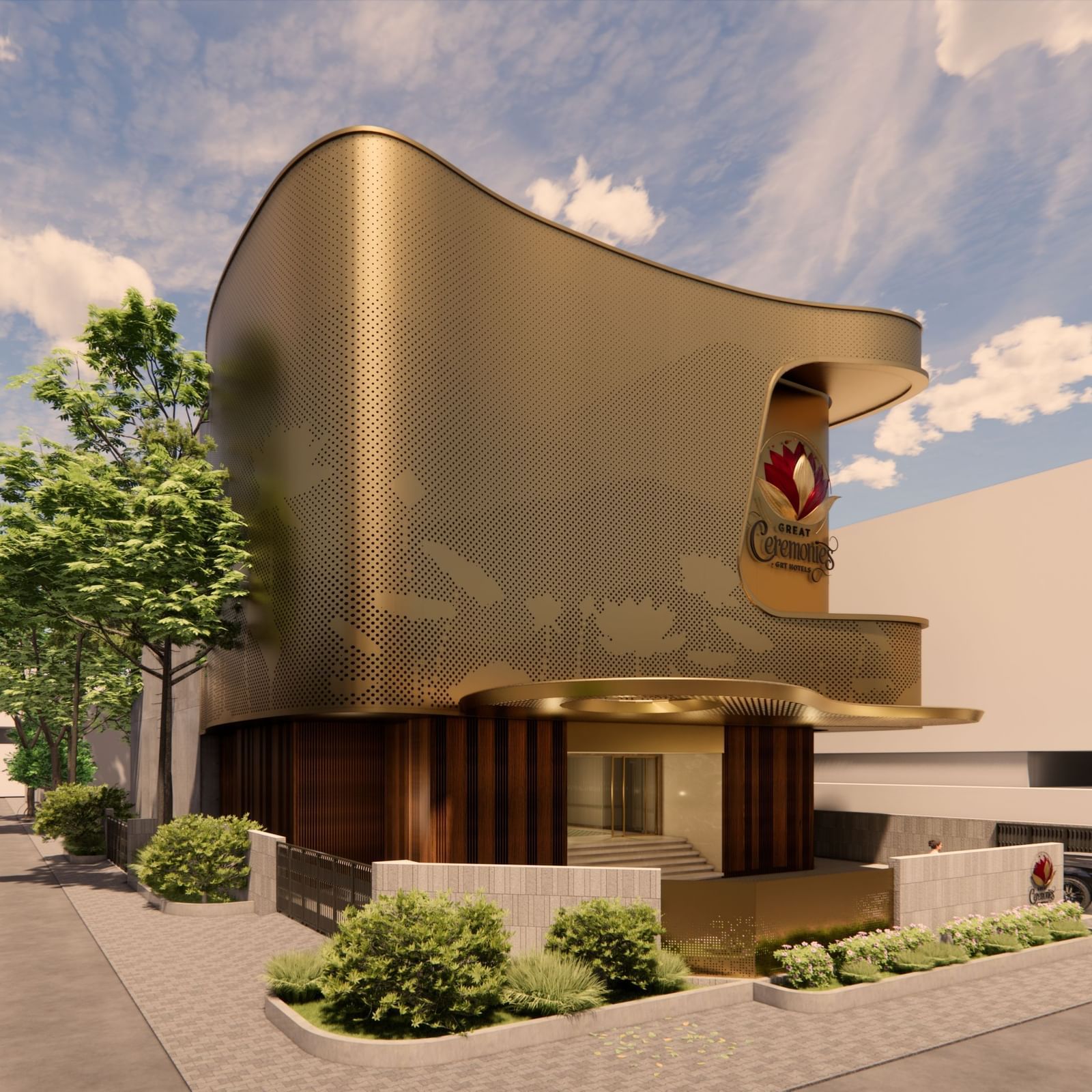 Modern golden façade of GReaT Ceremonies by GRT Hotels in Chennai, showcasing its unique architecture and elegant design for luxury events and celebrations.