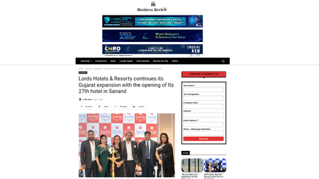 An article by Business Review showcasing Lords Hotels opens new hotel in Gujarat.