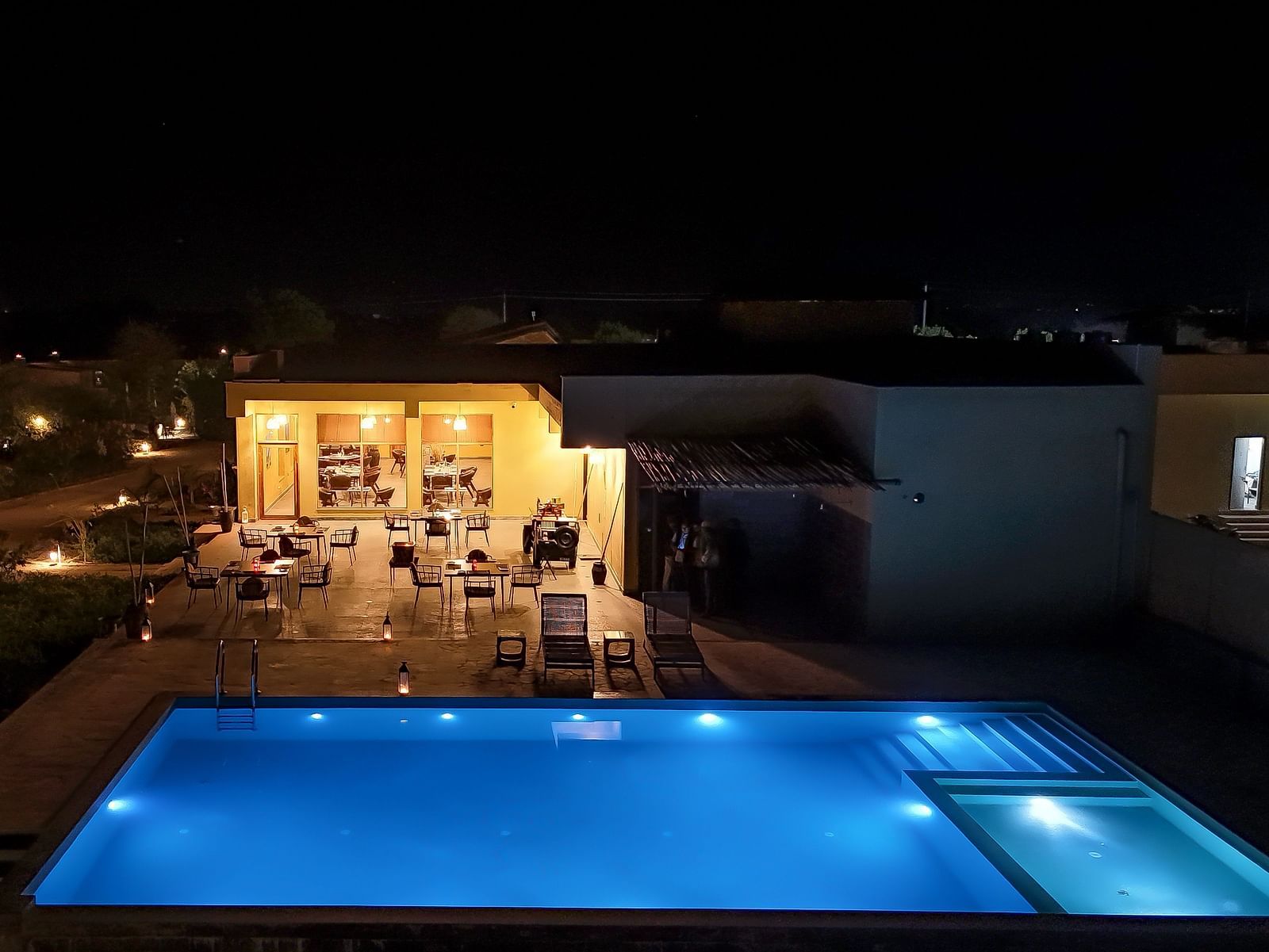 A drone shot of Rosette restaurant which also has an infinity pool near it at Kurja Jawai
