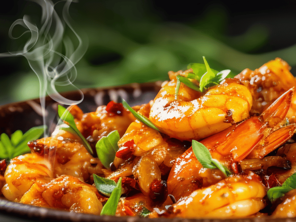 Banner showing a steaming bowl of sizzling prawns with event details for the Asian Sizzling Feast at Regency Kanchipuram.