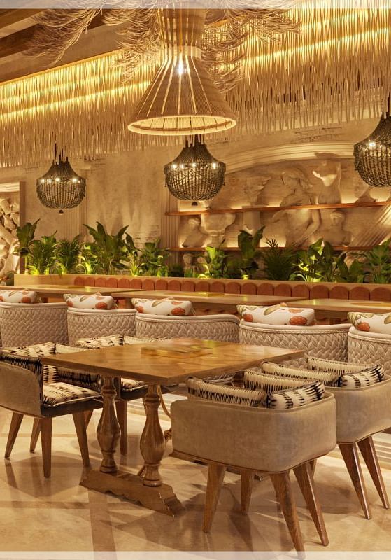 An image of a jungle themed dining hall featuring tables, chairs, and hanging lamps,  climber plants around the pillars and some statues - Themis Barbecue House
