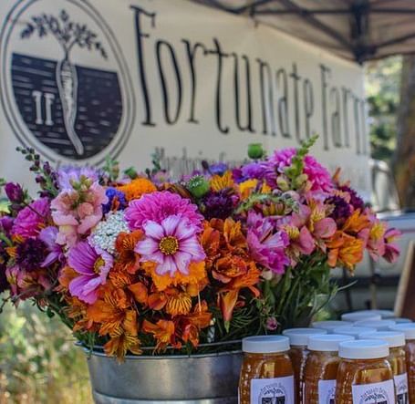A market stall with colorful flowers in a bucket and jars of preserves.