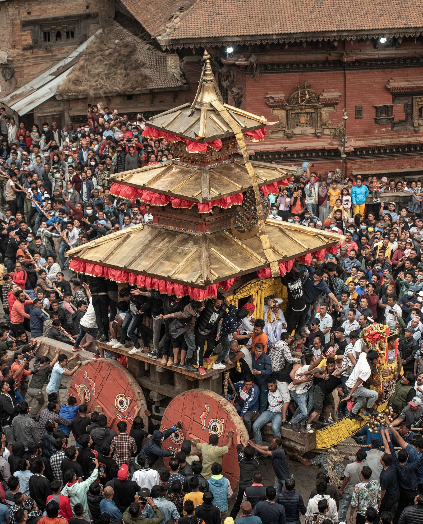 Chariot at the bisket jatra festival where a huge crowd has gathered to celebrate it