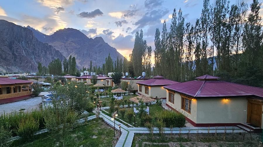 Panoramic view of White Sand Resort, Ladakh with cabins, trees, mountains, and a pathway.
