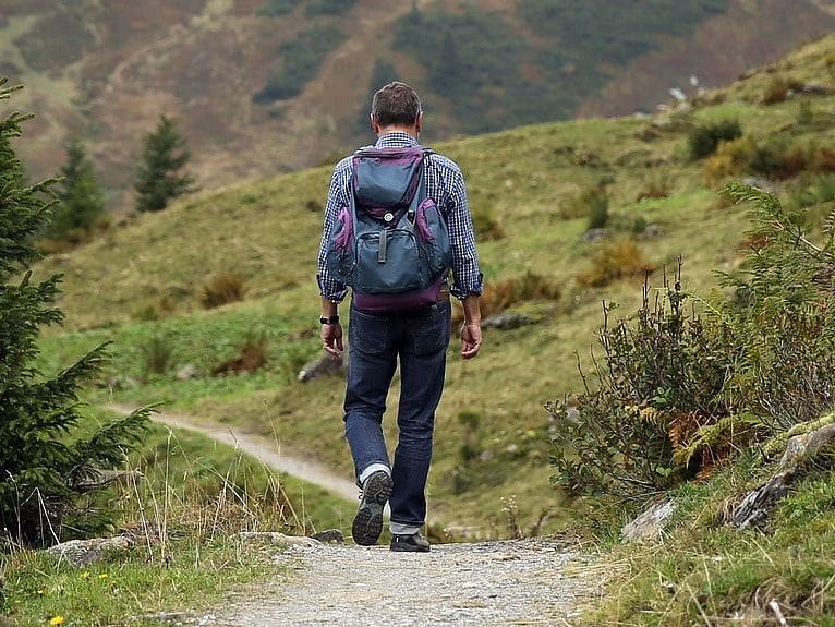 Image of a person from the back hiking down a mountain path with trees in the background.