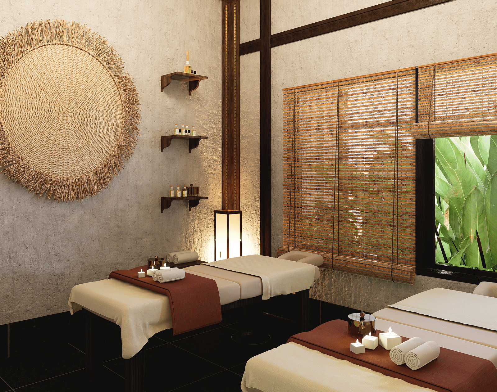 A room with two massage tables, a round woven wall hanging, shelves, and blinds on a window - Rhino and River BluSalzz Collection, Pobitora