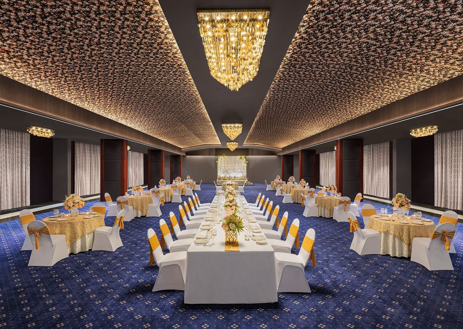 Seating arrangement in Grand Ballroom at Essentia Luxury Hotel, Indore.