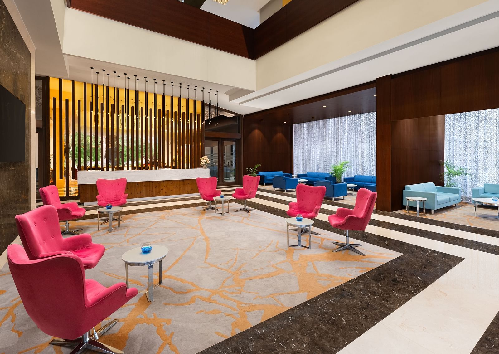 Seating arrangement inside the Lobby area of Essentia Luxury Hotel, Indore.
