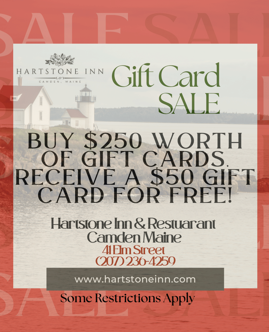 Hartstone Inn Gift Card Sale flyer with a red background and text promoting the offer