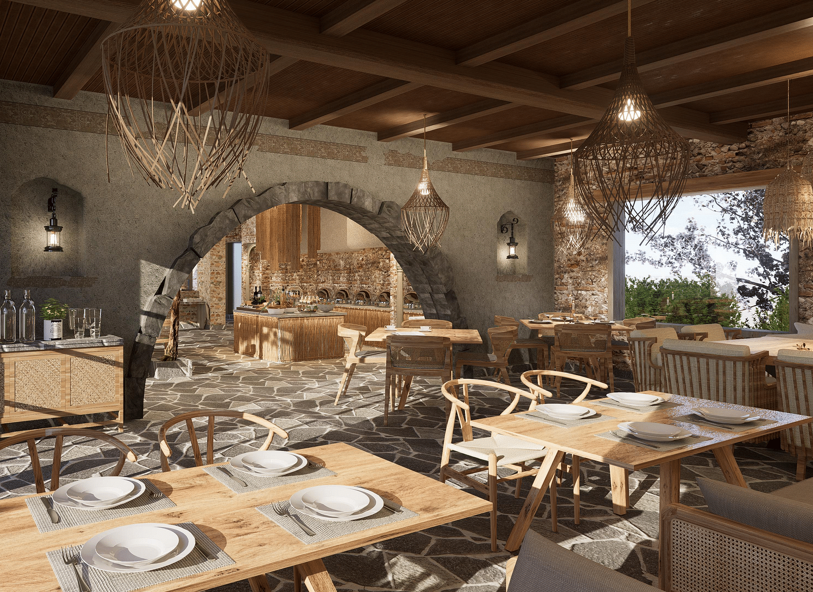 A restaurant with neatly set tables and chairs, featuring woven light decorations hanging at The Evren, Vagator.